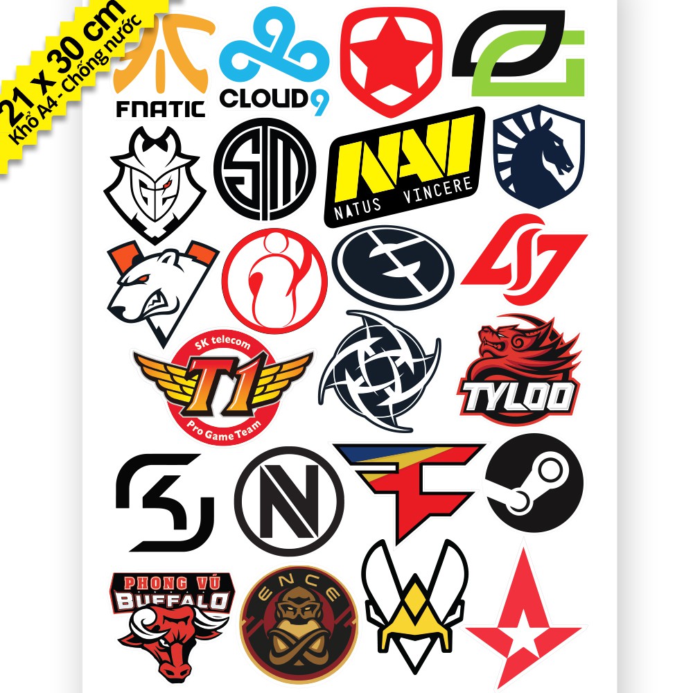 Bộ 23 Sticker Logo Team Game Fnatic Cloud 9 Navi - Khổ A4 Chống Thấm Nước