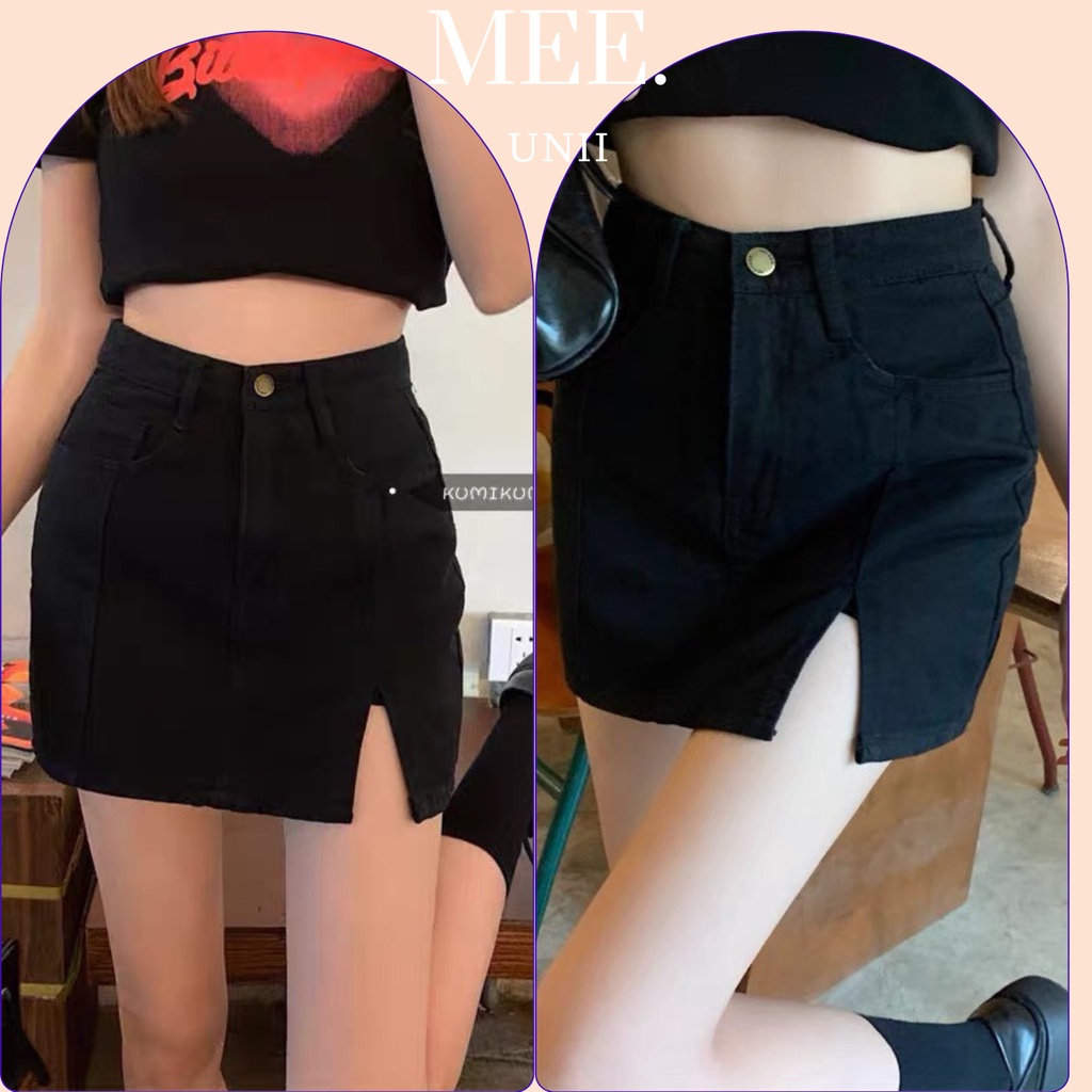 Chân váy jeans kaki chữ A MEE.UNII ngắn cạp cao , Quần short giả váy bò dáng chữ A bó sát có quần trong