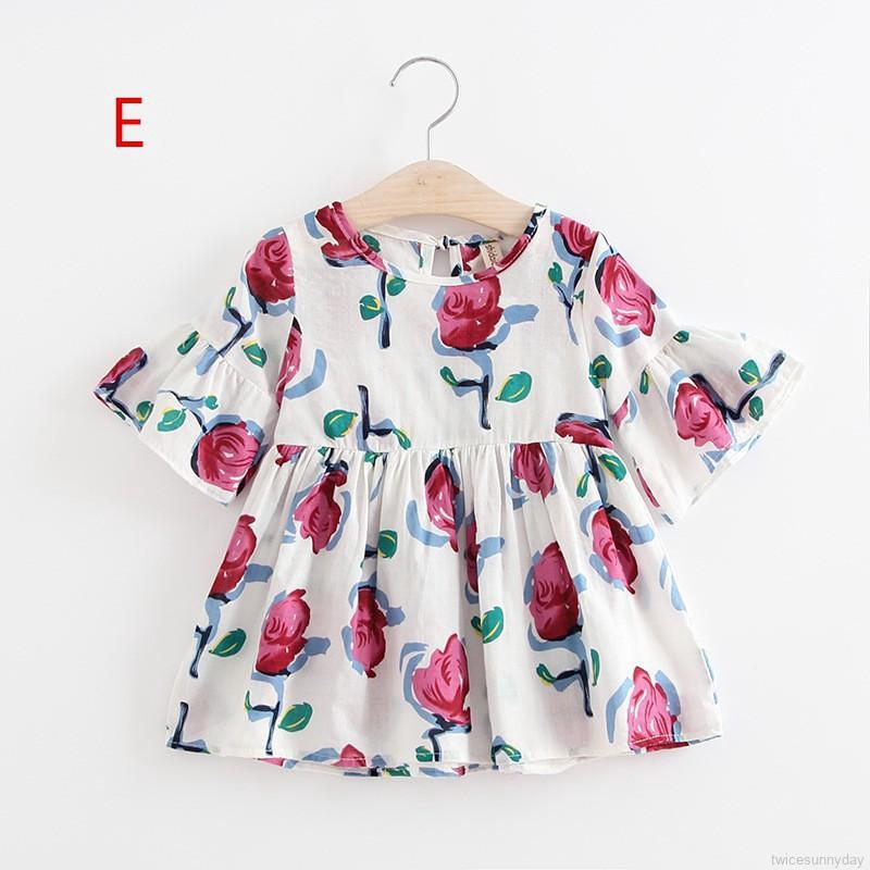 Đầm cotton mỏng tay ngắn loe in họa tiết hoa phong cách retro mùa hè xinh xắn cho bé gái