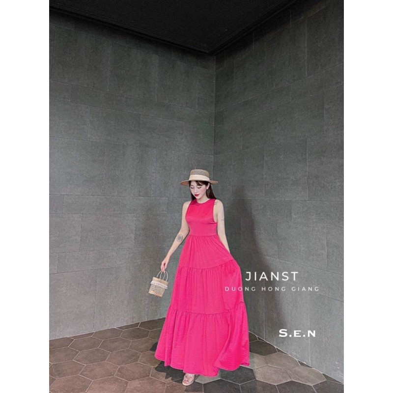 (hình thật)đầm đi biển,đầm Hydrangea form maxi dáng suông,cổ tròn sát nách,tùng lai 2 tầng bèo,vải tơ gân xước(thanh lý)