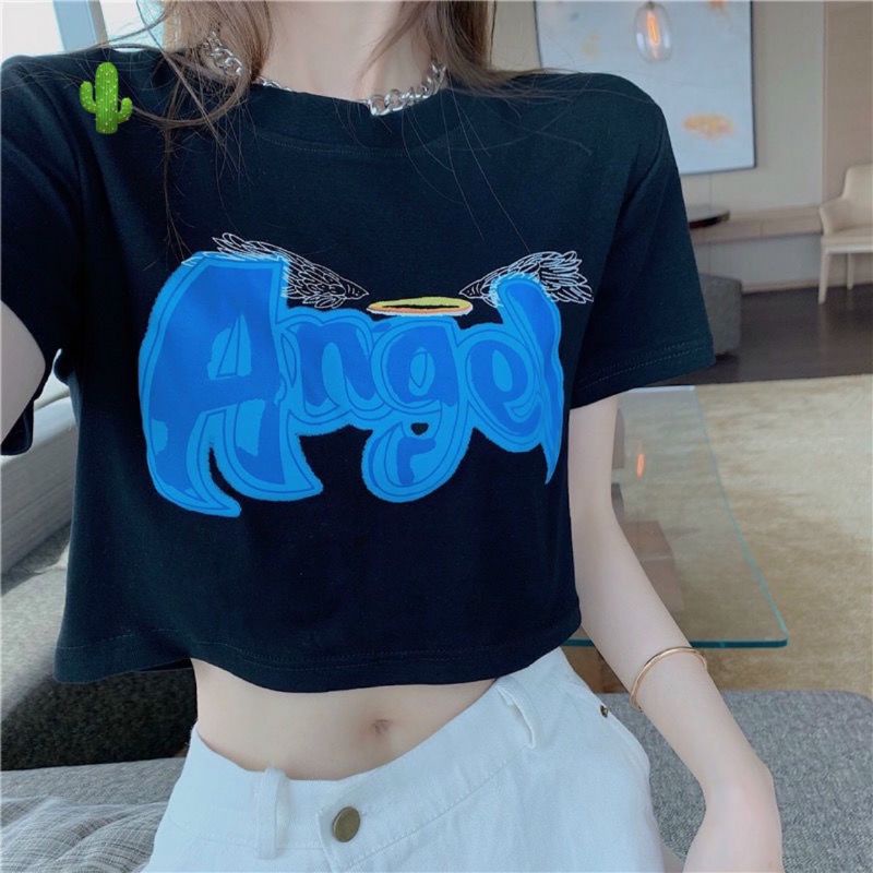 Áo thun cổ tròn croptop in chữ loang màu cực xinh