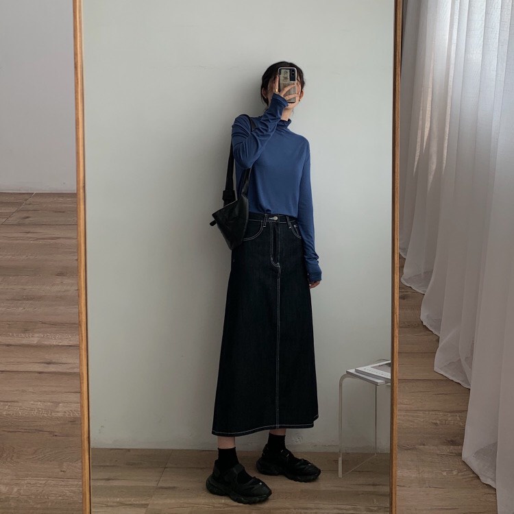 Chân váy jean midi  đen dáng dài chỉ nổi phong cách mùa thu Hàn Quốc 2021 Kozoda Cv29 | WebRaoVat - webraovat.net.vn