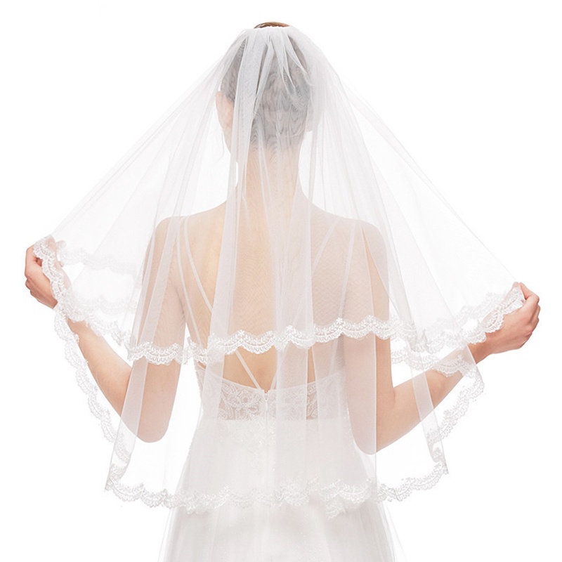 Mạng Che Mặt Vải Tuyn Phối Ren 2 Tầng Cho Cô Dâu