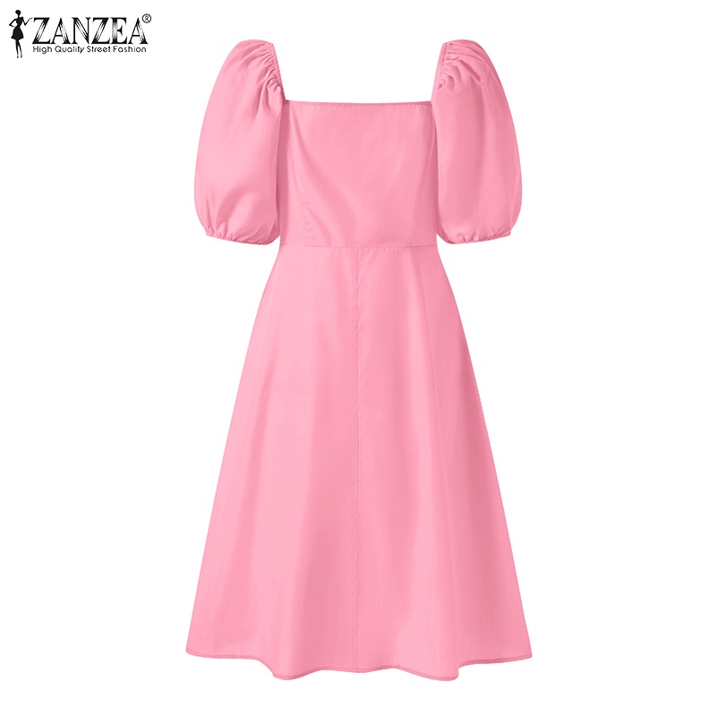 Đầm Mini ZANZEA tay phồng cổ vuông màu trơn thời trang cho nữ