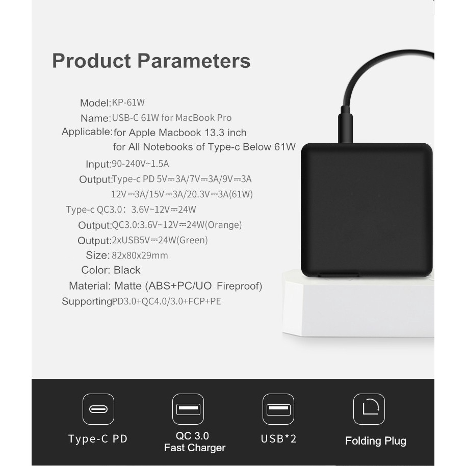 61W QC 3.0 Type C USB Fast Charger Power EU UK Plug Adapter Phone Charger for Macbook Air Laptop Tablet Củ Sạc Nhanh B' Macbook Air Laptop Tablet