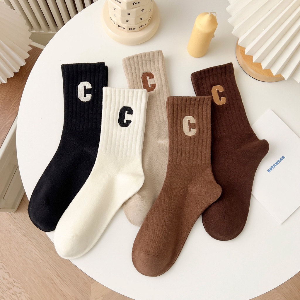 Tất Cổ Cao Vớ Cổ Cao Nam Nữ Kiểu Dáng Retro Thêu Chữ C Nhiều Màu Dễ Thương 495 Vải Cotton Co Giãn Thời Trang - Hazo