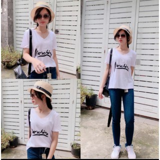 Áo Thun Cotton Nữ Cổ Tim Chữ V  Xuông Phông Rộng Có Hình In_Áo Pull Thun Lạnh Mềm Mịn In Chữ Siêu Rẻ Phong Cách Dạo Phố