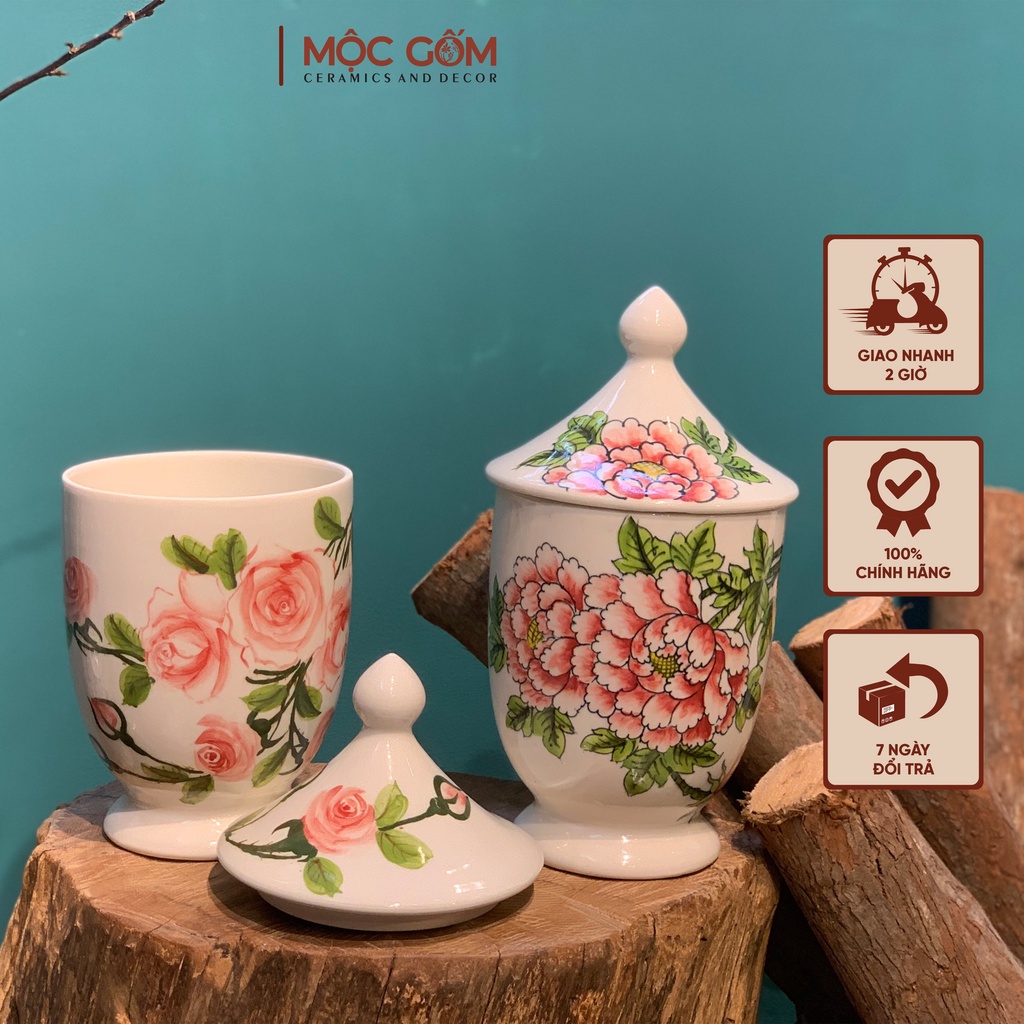 Bình hũ gốm Bát Tràng có nắp họa tiết vẽ tay thủ công đựng mứt,lá trà,cắm hoa,decor trang trí nội thất đẹp Mộc Gốm MG65