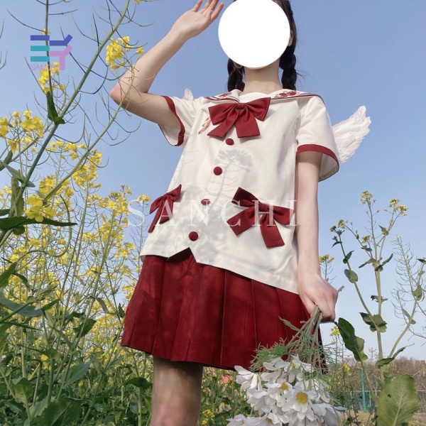SANCHI Japanese school uniform set includes loose shirt + cute red pleated skirt girl | BigBuy360 - bigbuy360.vn