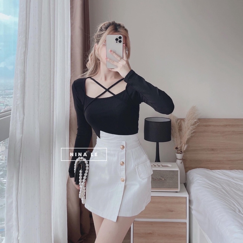Áo kiểu thun nữ tay dài cổ U phối dây đan chéo cá tính