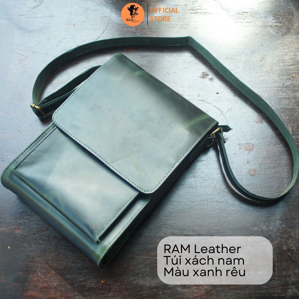 Túi đeo chéo da bò màu xanh rêu - RAM Leather