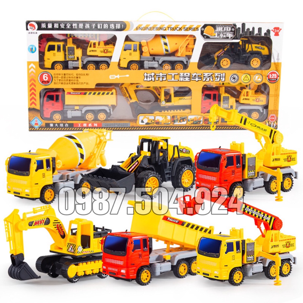 Đồ Chơi Ô Tô  Hộp 6 Xe Tải,Xe Công Trình Xây Dựng   Máy Xúc,Máy Cẩu,Xe trộn Chạy Đà Cỡ Lớn Cho Bé Từ 2 Đến 10 Tuổi