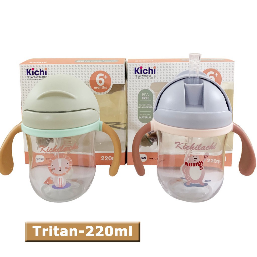 Bình tập uống nước chống sặc Kichilachi 220ml, Nhựa an toàn Tritan Cho bé từ 6 tháng, có ống hút