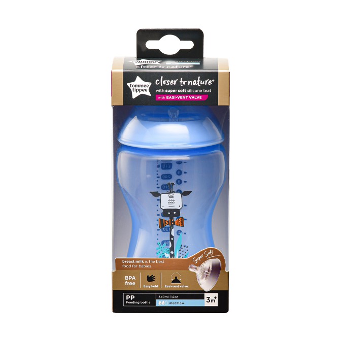 Bình sữa ty siêu mềm tự nhiên Tommee Tippee Closer to Nature 340ml, núm ty đi kèm 3-6 tháng - Xanh Dương