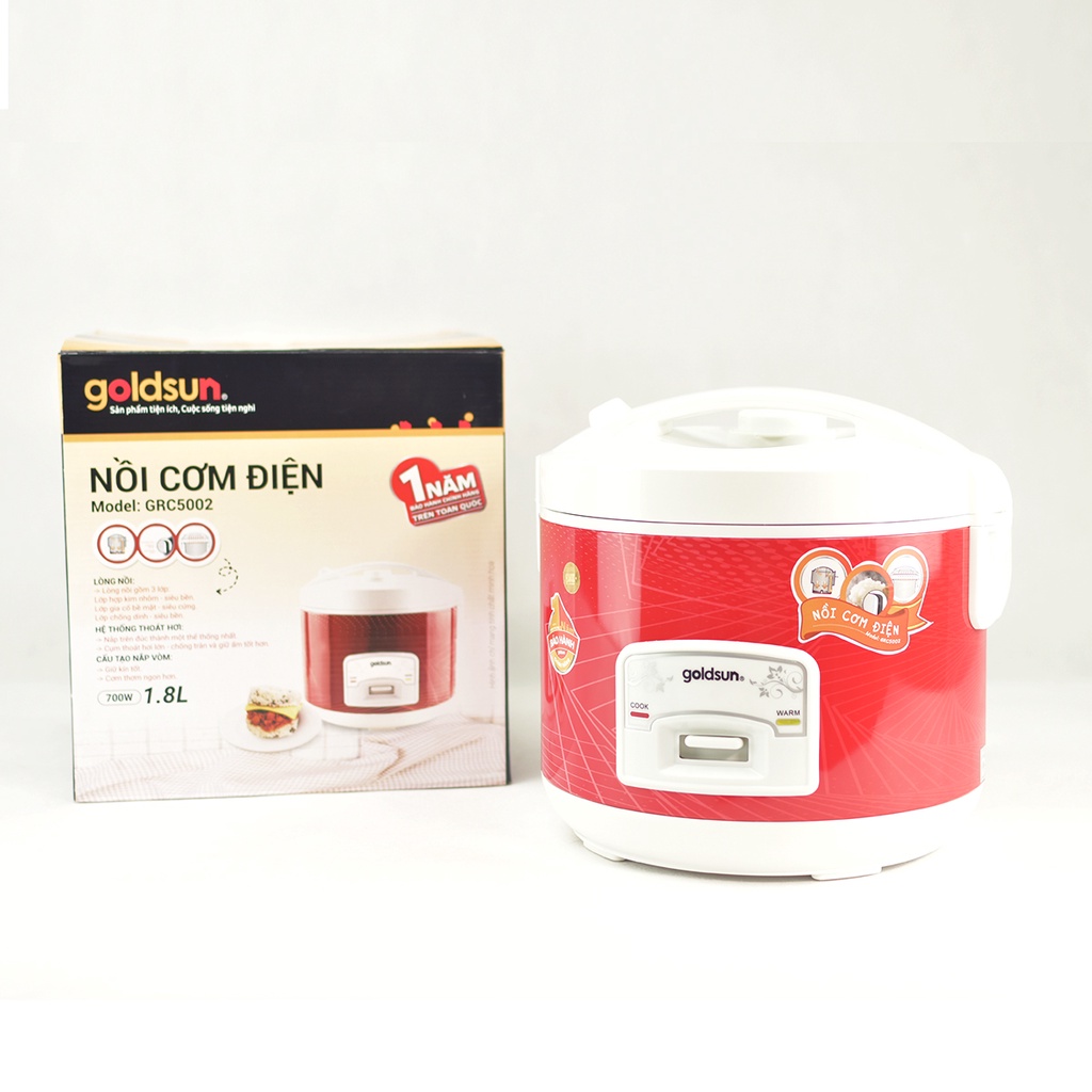 Nồi cơm điện700W 1,8L cho gia đình 4-6 người lòng nổi hợp kim nhôm phủ chống dính Goldsun GRC5002