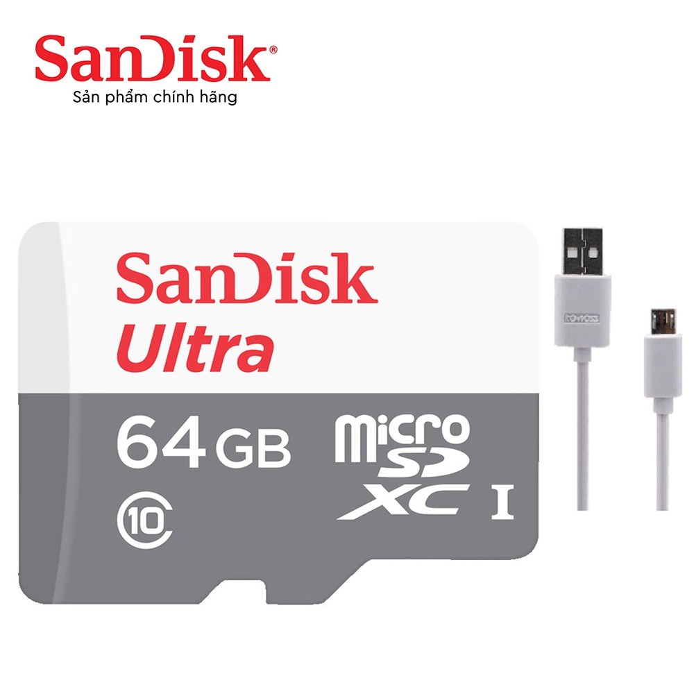 Thẻ nhớ microSDXC SanDisk Ultra 64GB upto 80MB/s 533x tặng cáp micro tròn USB Romoss- Hãng phân phối chính thức