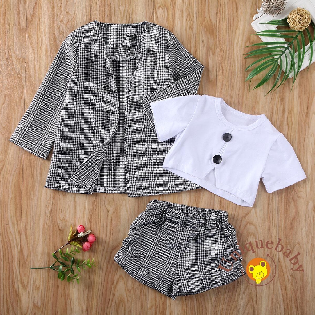 ☀UniBaby Girls Kids Plaid Short Sleeve Tops Pants Coat Formal Outfit Clothes 3PCS