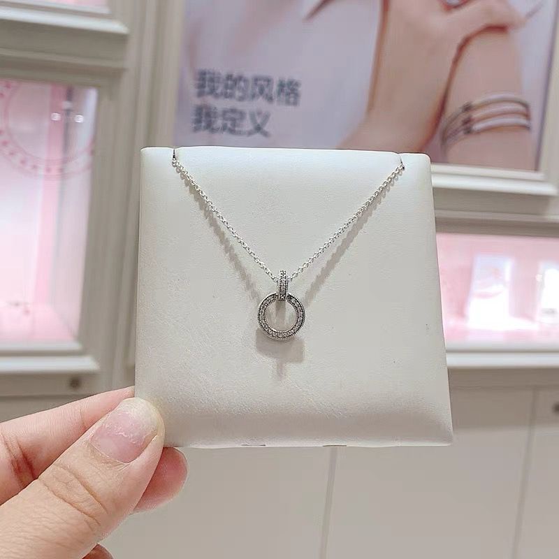 Vòng cổ Mặt Nhẫn Đôi Pandora Mạ Bạc 925 Đính Kim Cương Nhân Tạo Thời Trang Dành Cho Nữ