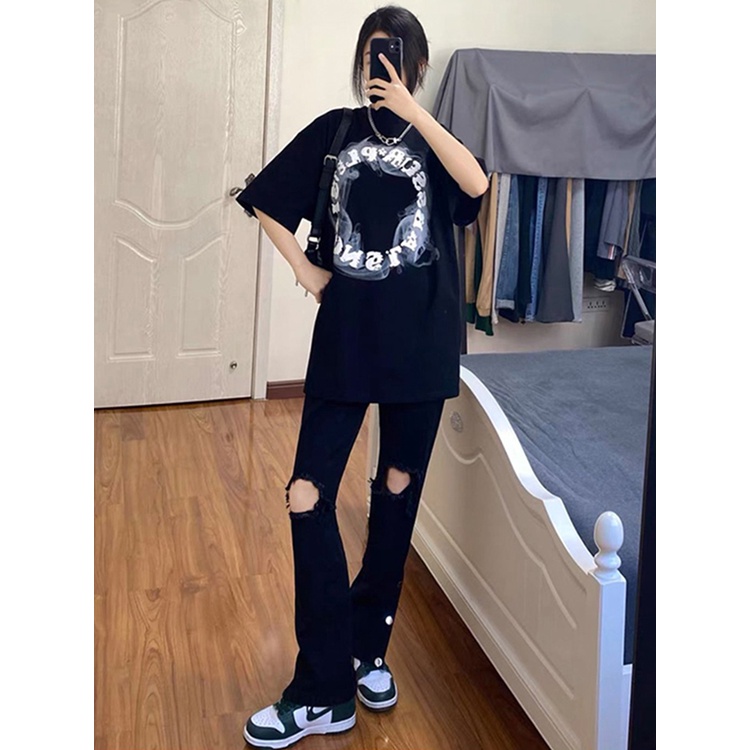 Quần jean ZHELIHANGFEI lưng cao dáng rộng dài cỡ lớn xẻ tà phong cách thời trang đường phố cá tính