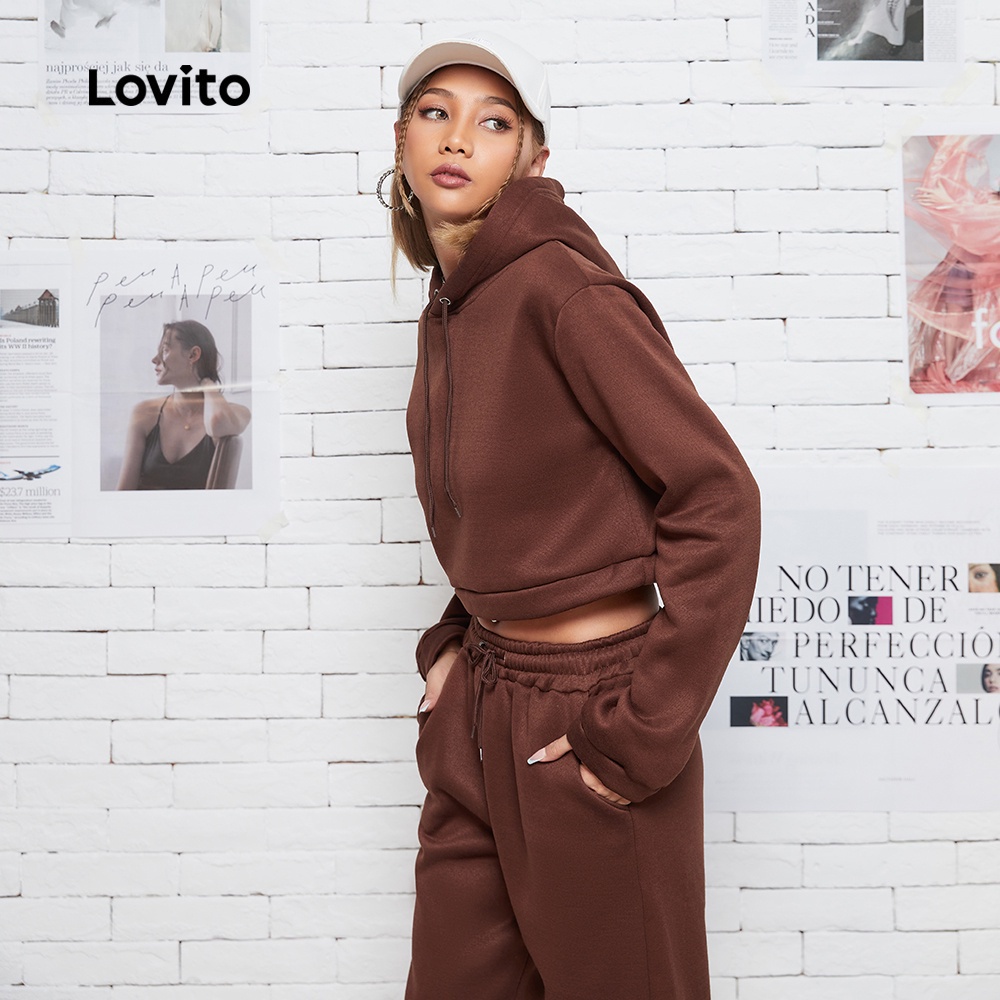 Set đồ Lovito gồm hoodie croptop dây rút mặc thường ngày L08169 (Màu cà phê/xám)