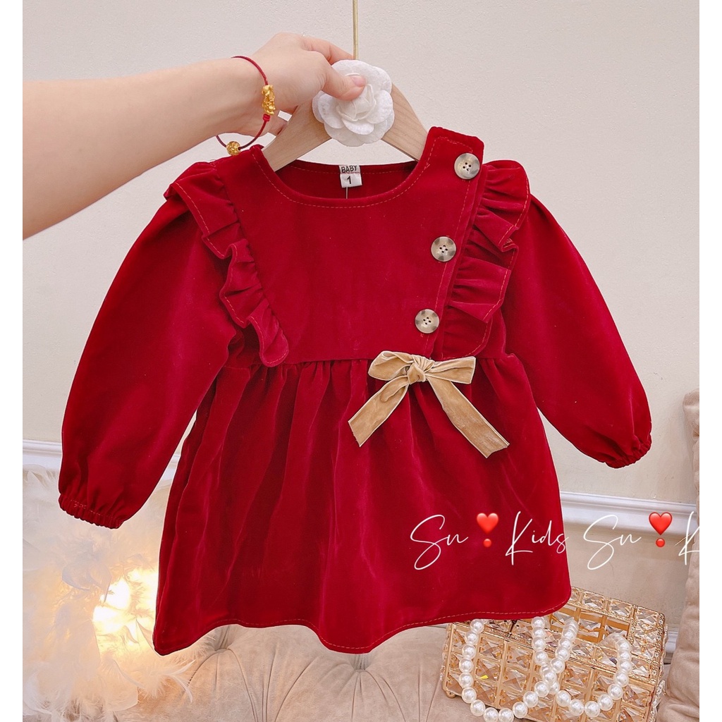 Váy nhung babydoll thắt nơ xinh xắn cho bé gái 8- 15kg
