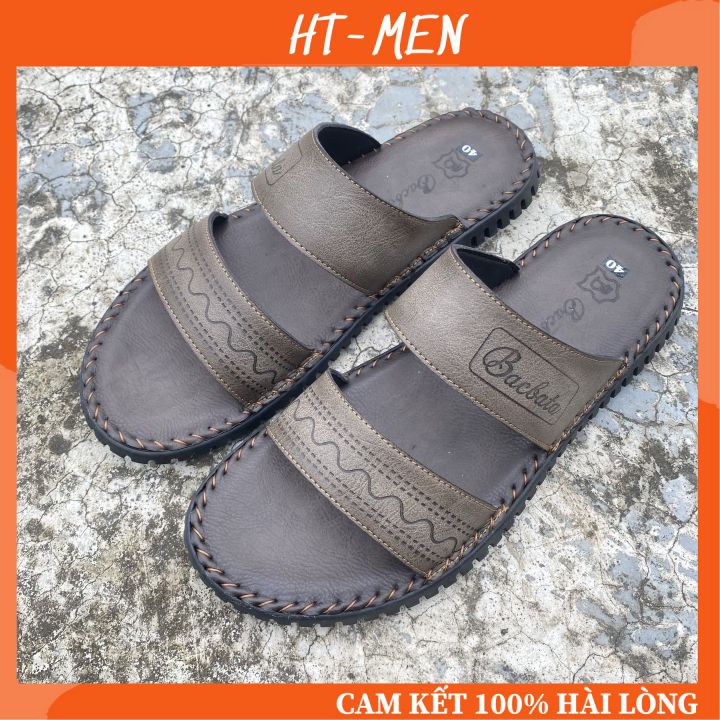 Dép Quai Ngang Cho Nam Chất Da bò Hai Quai Khâu Viền Đế Hàng Full Box