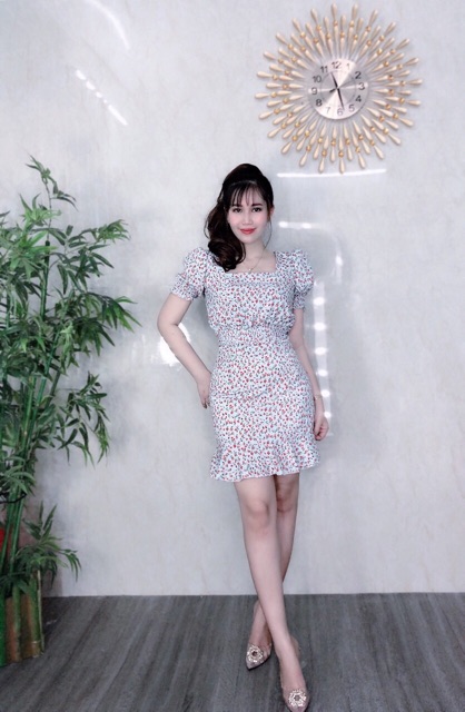 Đầm body lụa hoa dún eo SIÊU XINH -MS9B-Free size dưới 56kg