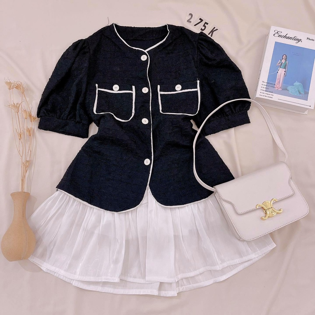 Set áo kiểu đen + Chân váy trắng xoè