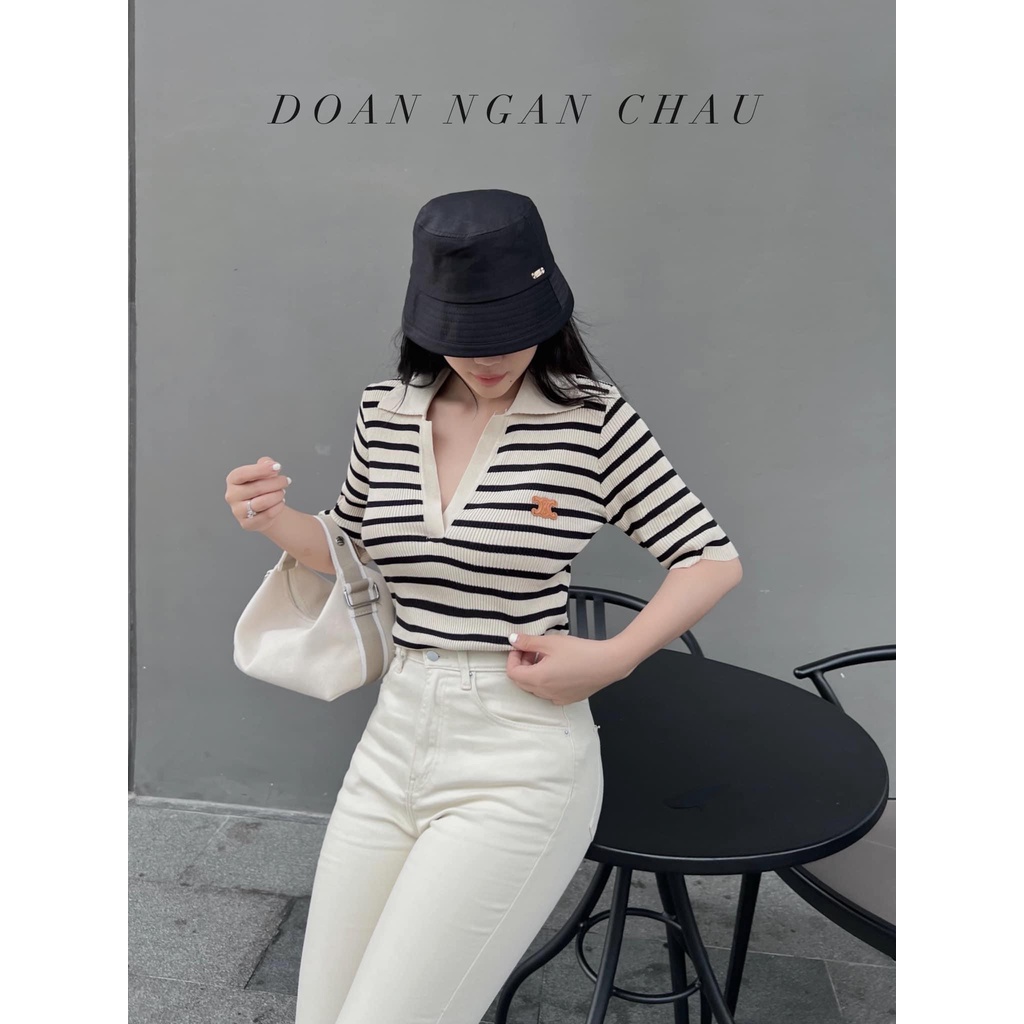 Áo len kẻ cổ V cho nữ