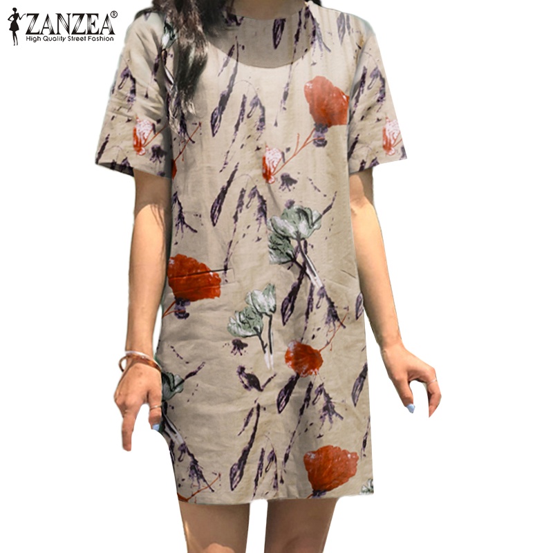 Đầm tay ngắn ZANZEA cổ tròn phong cách vintage dành cho nữ