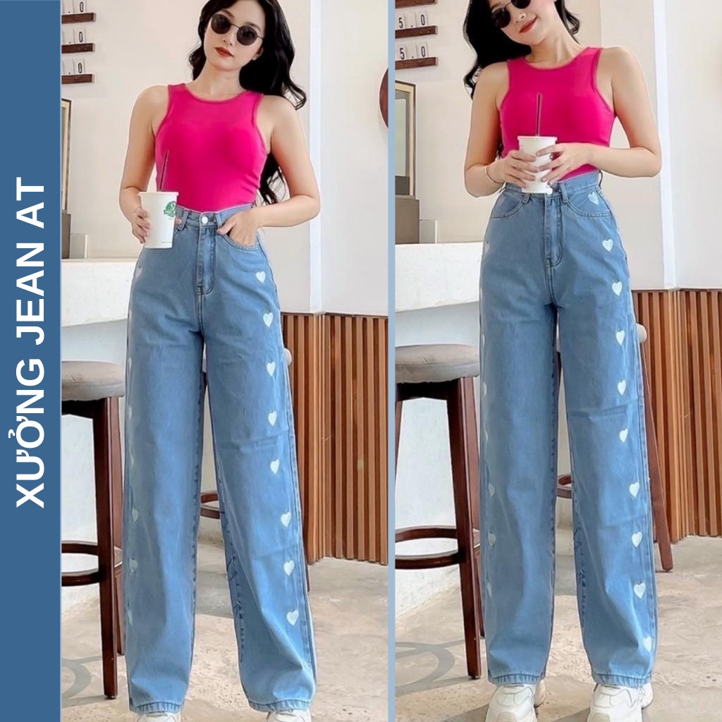 Quần Jean Nữ Ống Rộng Chất Bò Kèm Hoạ Tiết TRÁI TIM , Quần Ống Rộng Màu Xanh Form Dài 105Cm - 300