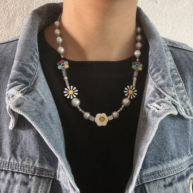 Dây Chuyền Mặt Hình Hoa Cúc Đính Ngọc Trai Phong Cách Hip Hop