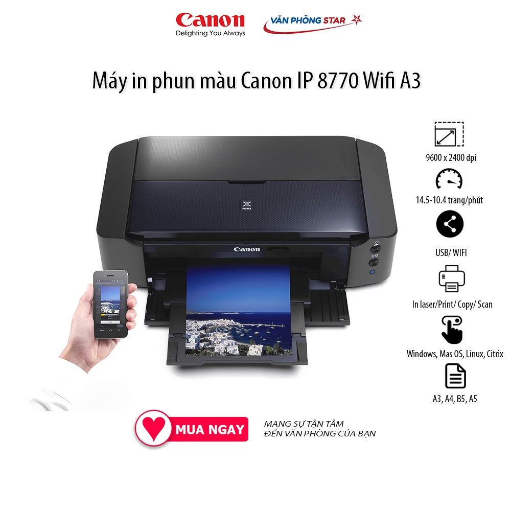 Máy in phun màu khổ A3 Canon iP 8770 in đảo mặt tự động tốc độ 29 trang/phút chính hãng bảo hành 24 tháng tại Vanphongst