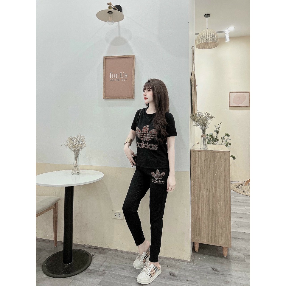 Đồ bộ dài thun cotton đính đá ba lá
