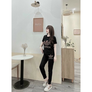 Đồ bộ dài thun cotton đính đá ba lá (2 màu đen, đỏ)
