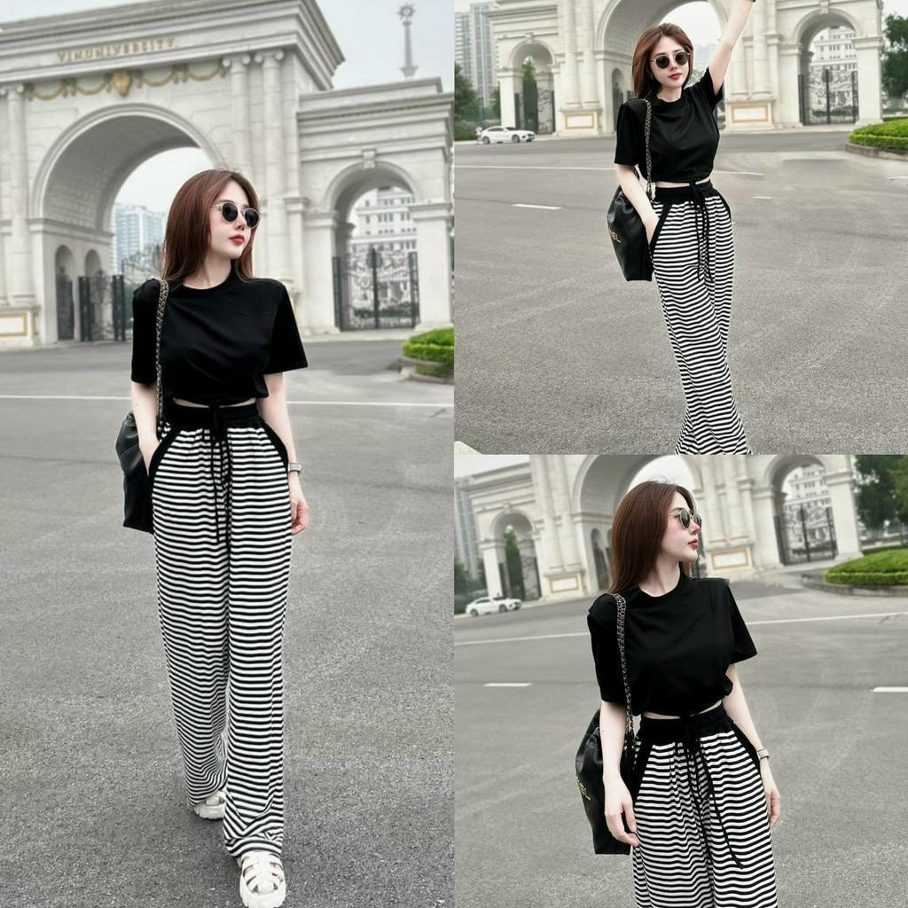 Set bộ gân áo croptop cổ tròn tay ngắn mix quần suông kẻ sọc phối viền túi cho các chị em đi chơi, đi dạo phố