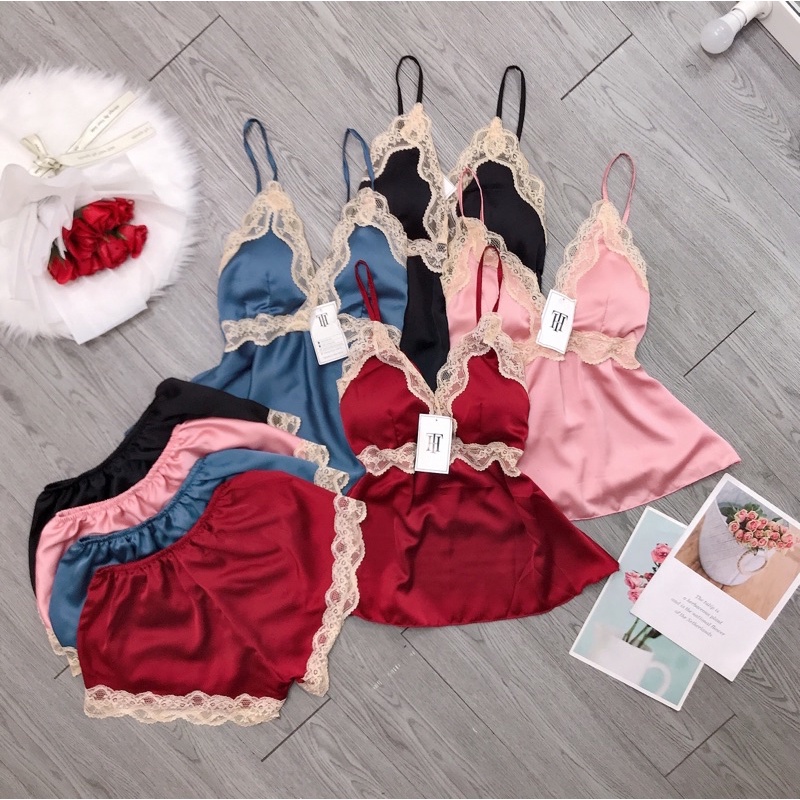 Bộ Ngủ Sexy- Đồ Ngủ Satin Cao Cấp Có Mút Form 40-55kg( ảnh và video thật)