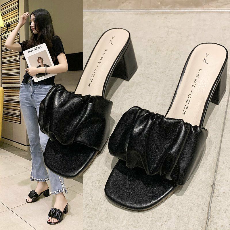 Guốc cao gót quai ngang bèo nhúm gót vuông cao 6 cm mã GO07