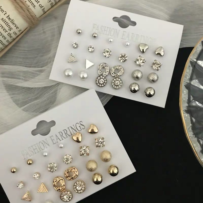 Set 12 đôi bông tai không trùng nhau có đính đá kim cương phong cách Nhật Bản Hàn Quốc dành cho nữ đeo một tuần