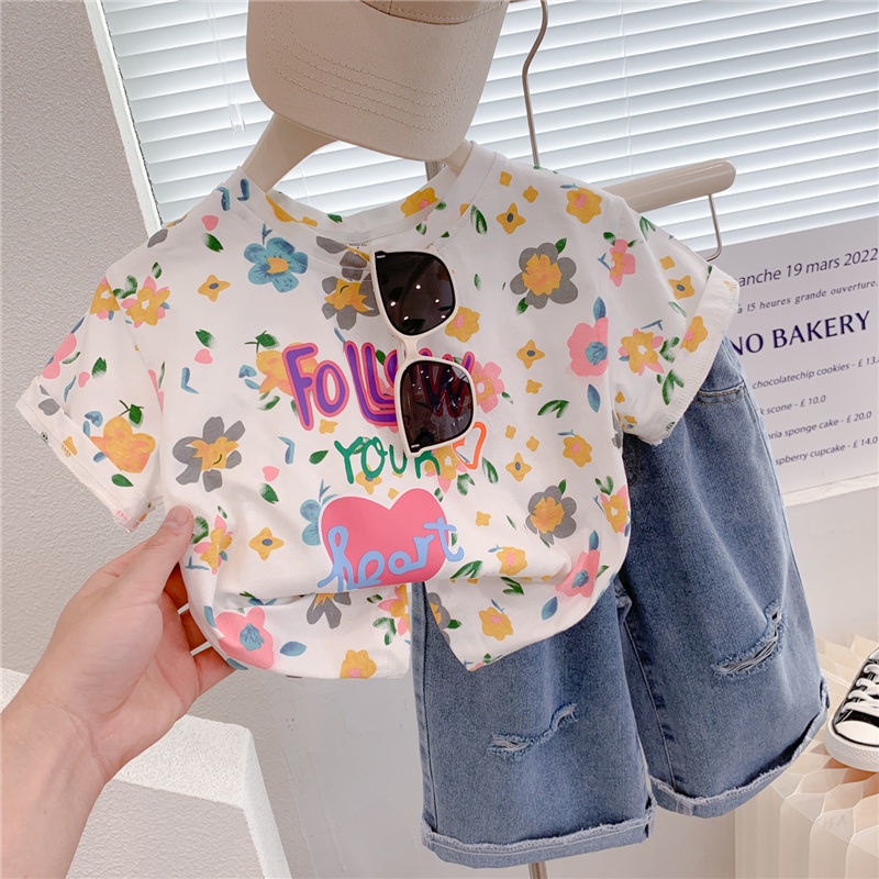Set Áo Thun Ngắn Tay Và Quần Jeans Rách Thời Trang Mùa Hè Hàn Quốc Mới Cho Bé Gái