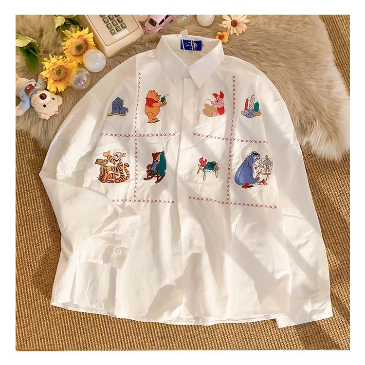 Áo sơ mi trắng dáng rộng thêu họa tiết hoạt hình thời trang mùa thu thích hợp cho nữ