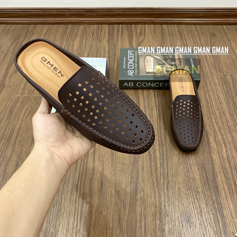 Giày sục nam da thật có lỗ thoáng khí đế cao su êm chân khâu chỉ bảo hành 12 tháng TK0100