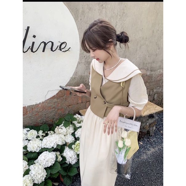 SET ĐẦM KEM MIDI CỔ SEN + ÁO GILE NÂU