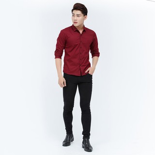 Áo sơ mi nam dài tay vải lụa trơn màu đỏ đô