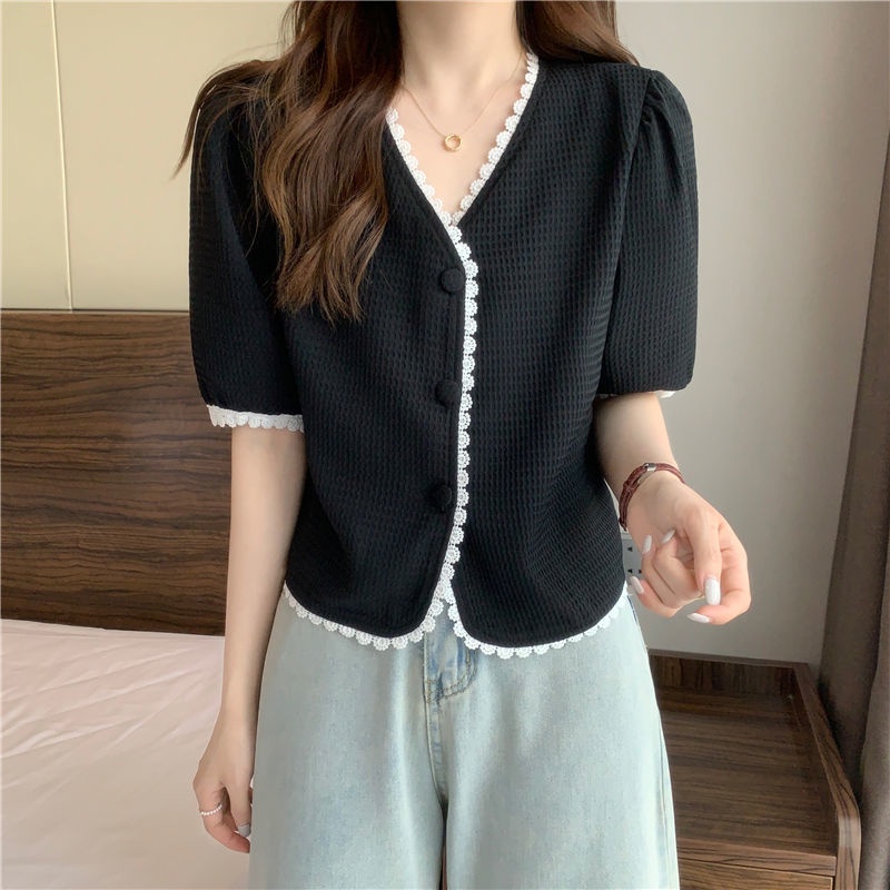 Áo Sơ Mi Cổ Chữ V Tay Ngắn Viền Ren Kiểu Dáng Mới Dành Cho Nữ