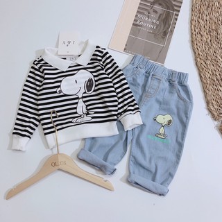Set áo kẻ snopy + quần jean xanh cho bé trai