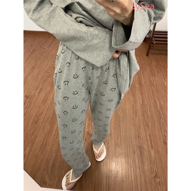 Bộ Đồ Ngủ Vải Cotton In Hình Mặt Cười Thời Trang Mùa Thu Cho Nữ