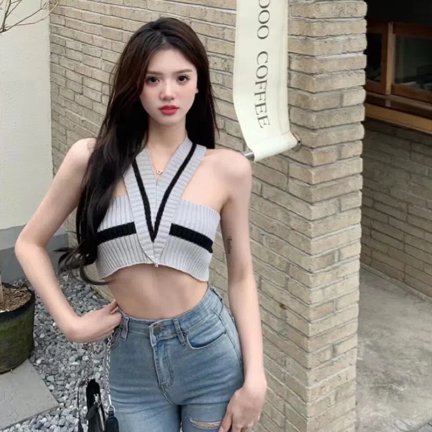 Happy-store ❤️ Áo len mỏng cổ yếm dáng croptop ❤️ Áo kiểu cổ chéo dáng ôm