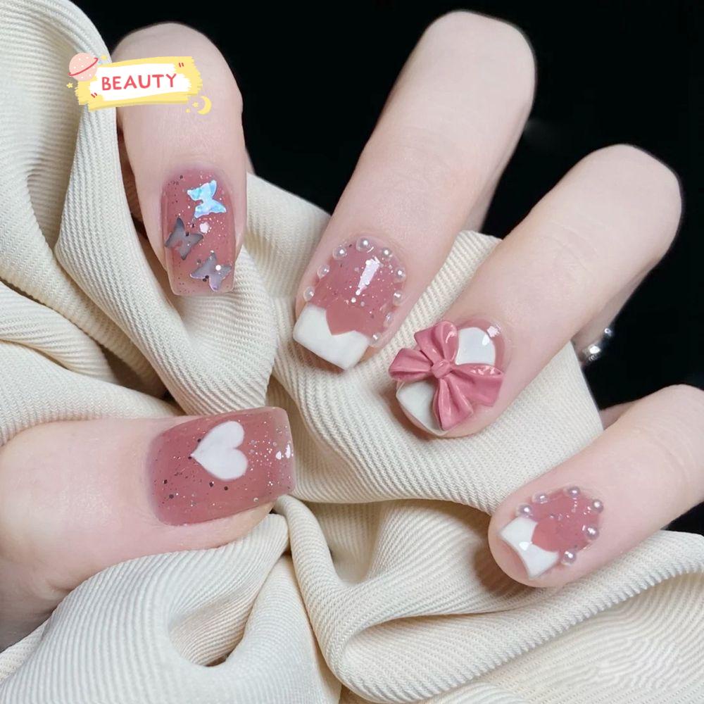 Bộ 24 Móng Tay Giả Đầu Tròn / Vuông Che Phủ Toàn Diện Phong Cách Pháp