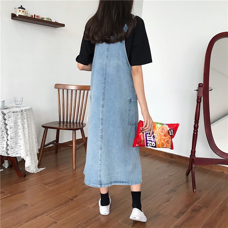 [CHẤT LƯỢNG] Váy yếm jean, đầm yếm jean dài dáng suông, xẻ tà, tháp 2 túi to VYD06 C029